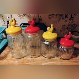 4 Piece Vintage Glass Cannisters with Rooster Lids